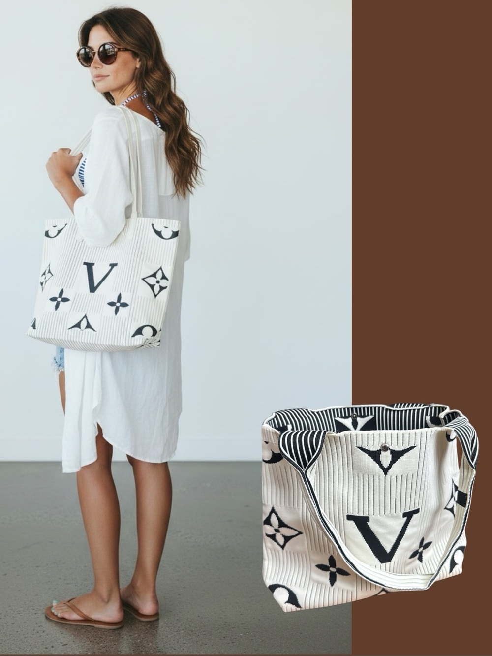 NWT Textured Knit Tote Bag Black & White Designer Inspired